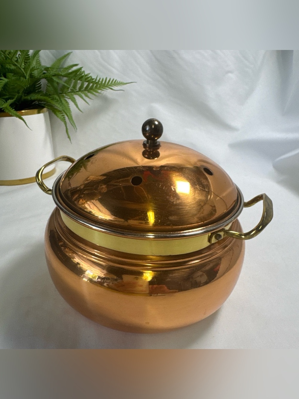 Vintage Copper Potpourri Holder Pot with Brass Accents